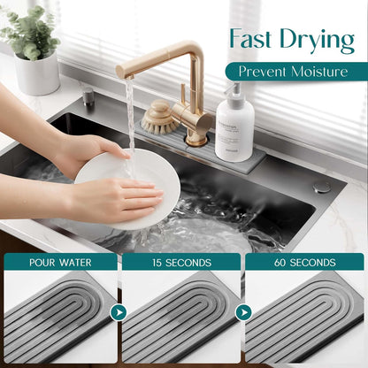 Faucet Mat for Kitchen Sink – Diatomite Stone Drying Mat & Sink Protectors, Prevent Moisture – Sink Splash Guard Water-Absorbing Stone Tray for Bathroom Counter (Light Grey, 23.6" x 3.9")