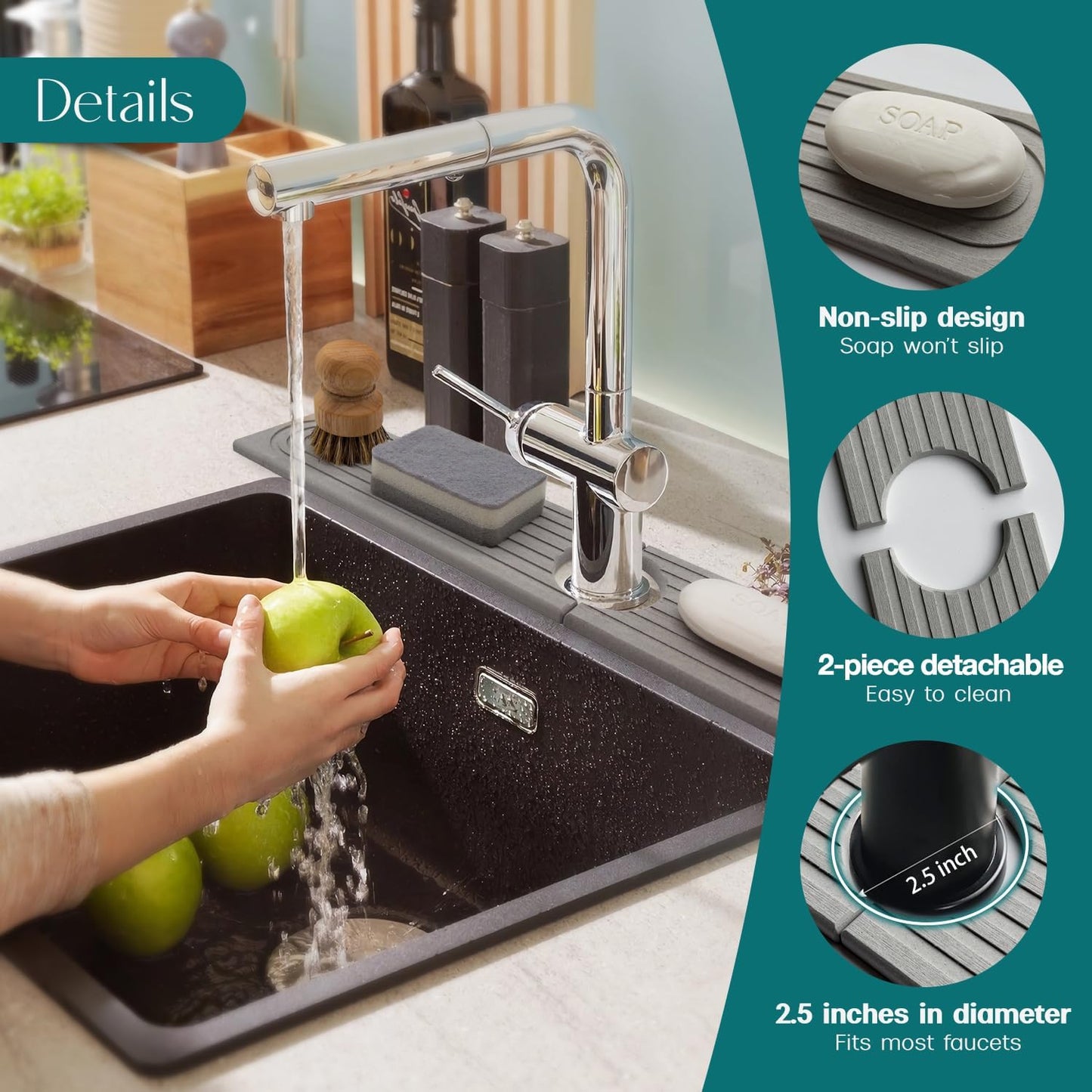 Faucet Mat for Kitchen Sink – Diatomite Stone Drying Mat & Sink Protectors, Prevent Moisture – Sink Splash Guard Water-Absorbing Stone Tray for Bathroom Counter (Light Grey, 23.6" x 3.9")