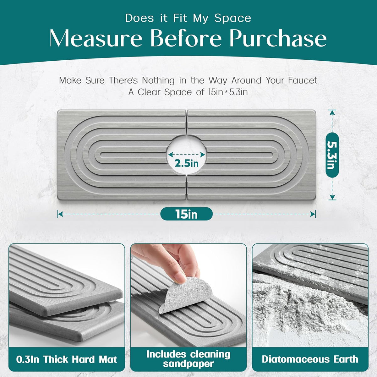 Faucet Mat for Kitchen Sink – Diatomite Stone Drying Mat & Sink Protectors, Prevent Moisture – Sink Splash Guard Water-Absorbing Stone Tray for Bathroom Counter (Light Grey, 23.6" x 3.9")