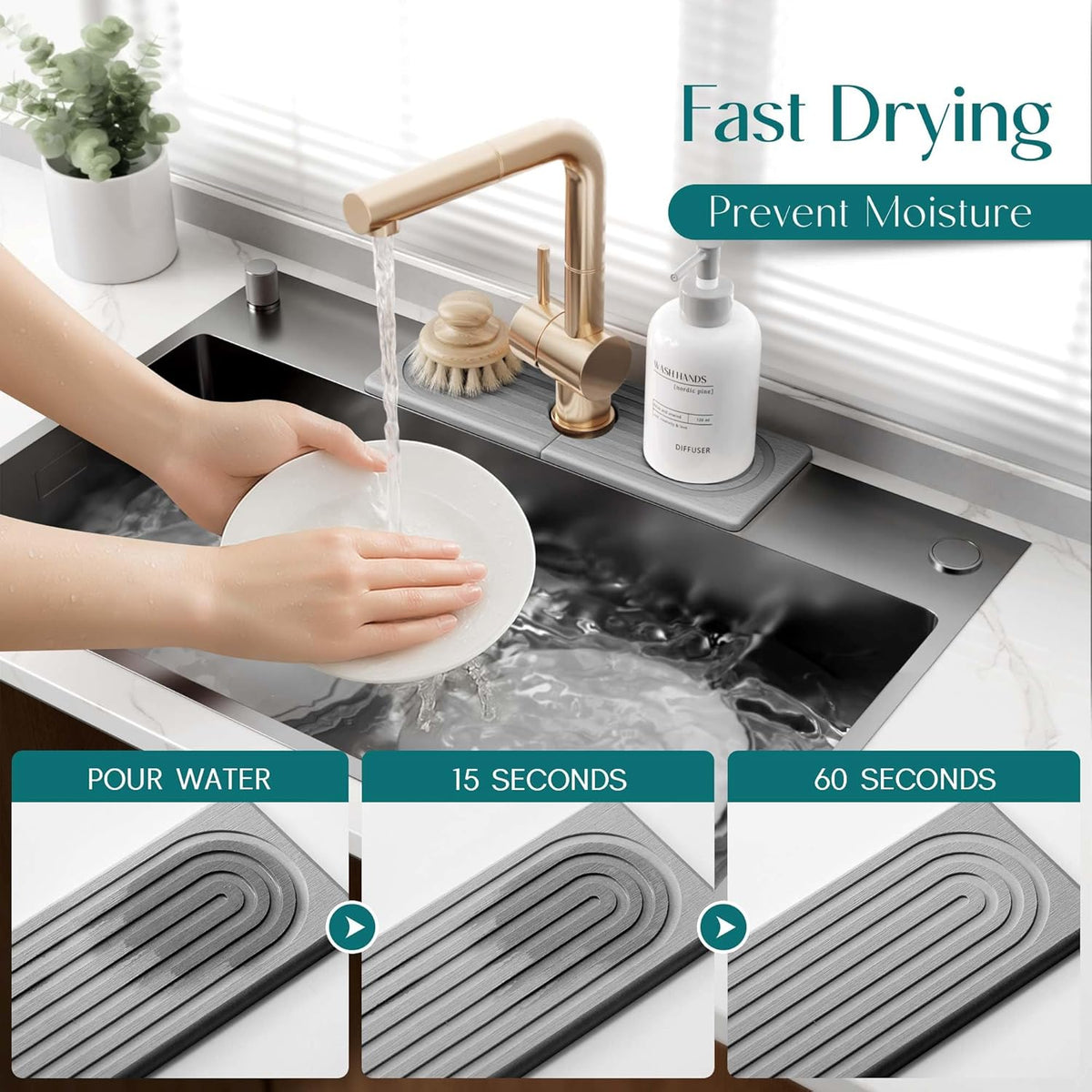 Faucet Mat for Kitchen Sink – Diatomite Stone Drying Mat & Sink Protectors, Prevent Moisture – Sink Splash Guard Water-Absorbing Stone Tray for Bathroom Counter (Light Grey, 23.6" x 3.9")