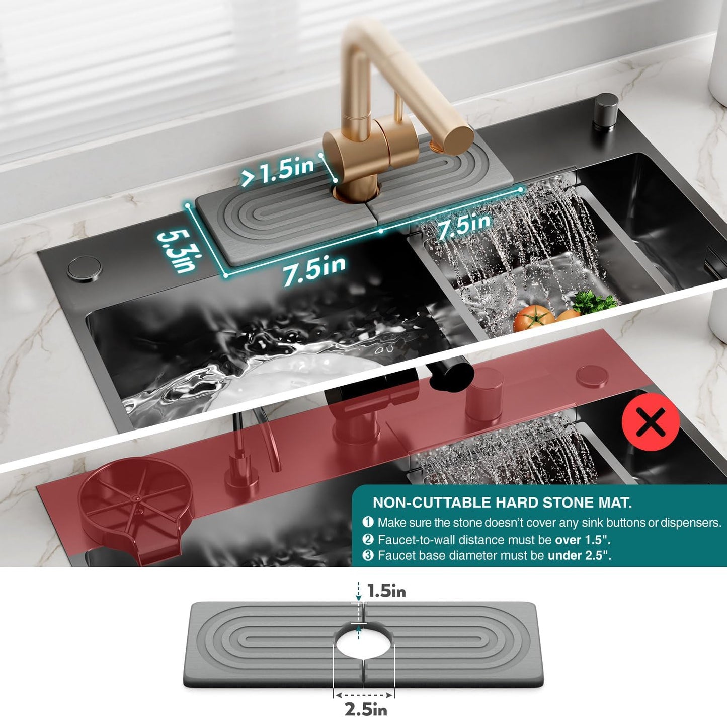 Faucet Mat for Kitchen Sink – Diatomite Stone Drying Mat & Sink Protectors, Prevent Moisture – Sink Splash Guard Water-Absorbing Stone Tray for Bathroom Counter (Light Grey, 23.6" x 3.9")