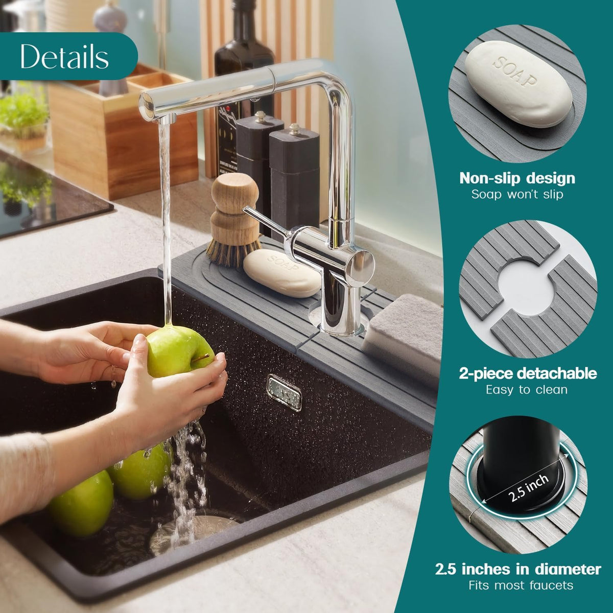 Faucet Mat for Kitchen Sink – Diatomite Stone Drying Mat & Sink Protectors, Prevent Moisture – Sink Splash Guard Water-Absorbing Stone Tray for Bathroom Counter (Light Grey, 23.6" x 3.9")