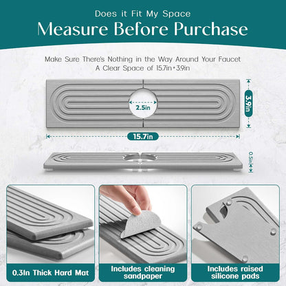 Faucet Mat for Kitchen Sink – Diatomite Stone Drying Mat & Sink Protectors, Prevent Moisture – Sink Splash Guard Water-Absorbing Stone Tray for Bathroom Counter (Light Grey, 23.6" x 3.9")