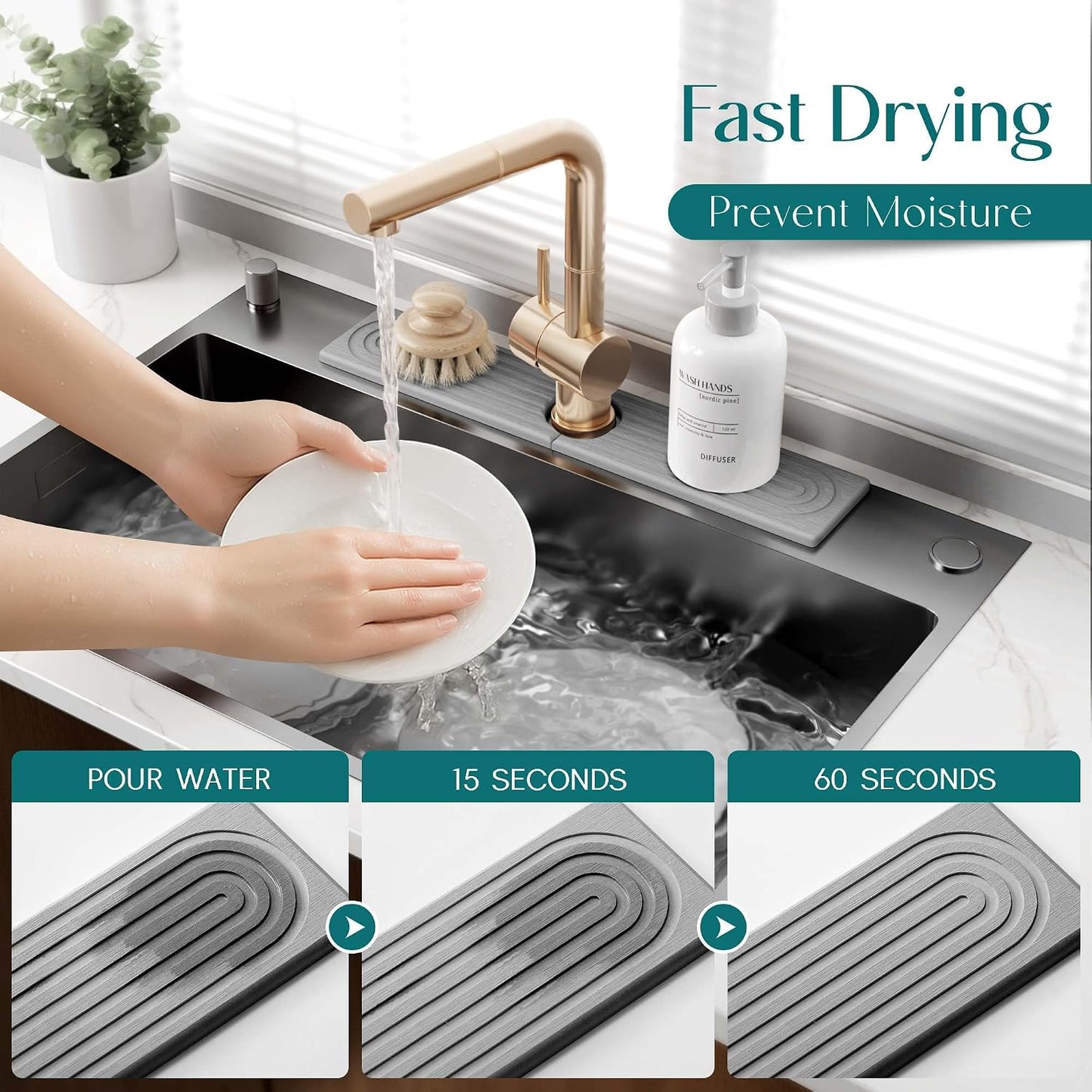 Faucet Mat for Kitchen Sink – Diatomite Stone Drying Mat & Sink Protectors, Prevent Moisture – Sink Splash Guard Water-Absorbing Stone Tray for Bathroom Counter (Light Grey, 23.6" x 3.9")