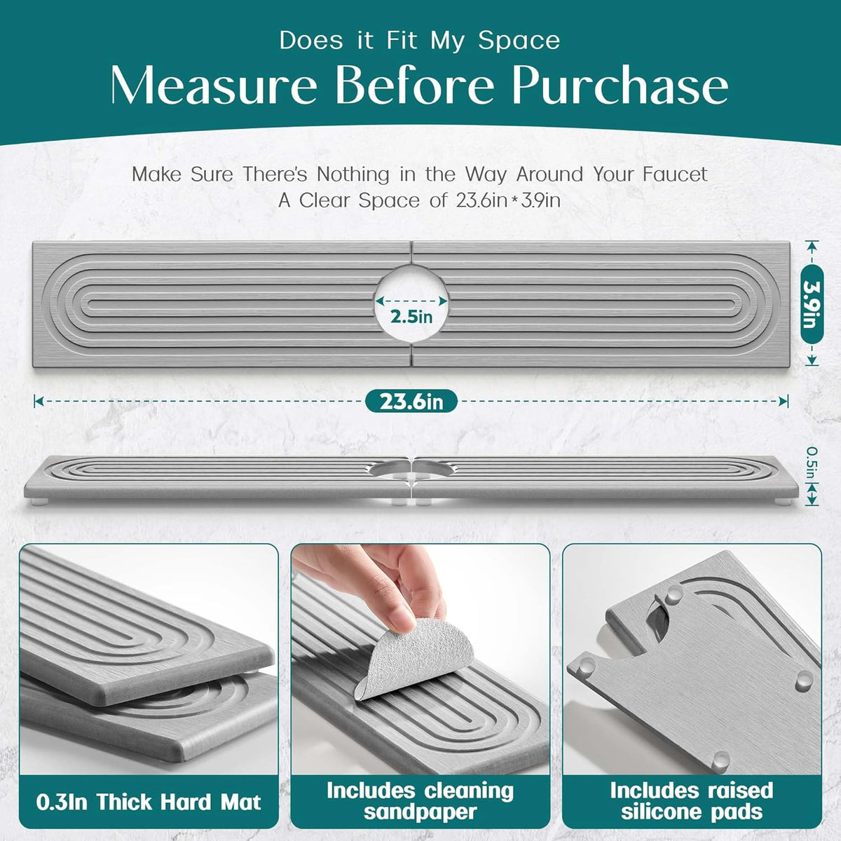 Faucet Mat for Kitchen Sink – Diatomite Stone Drying Mat & Sink Protectors, Prevent Moisture – Sink Splash Guard Water-Absorbing Stone Tray for Bathroom Counter (Light Grey, 23.6" x 3.9")