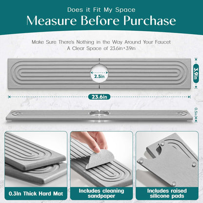 Faucet Mat for Kitchen Sink – Diatomite Stone Drying Mat & Sink Protectors, Prevent Moisture – Sink Splash Guard Water-Absorbing Stone Tray for Bathroom Counter (Light Grey, 23.6" x 3.9")