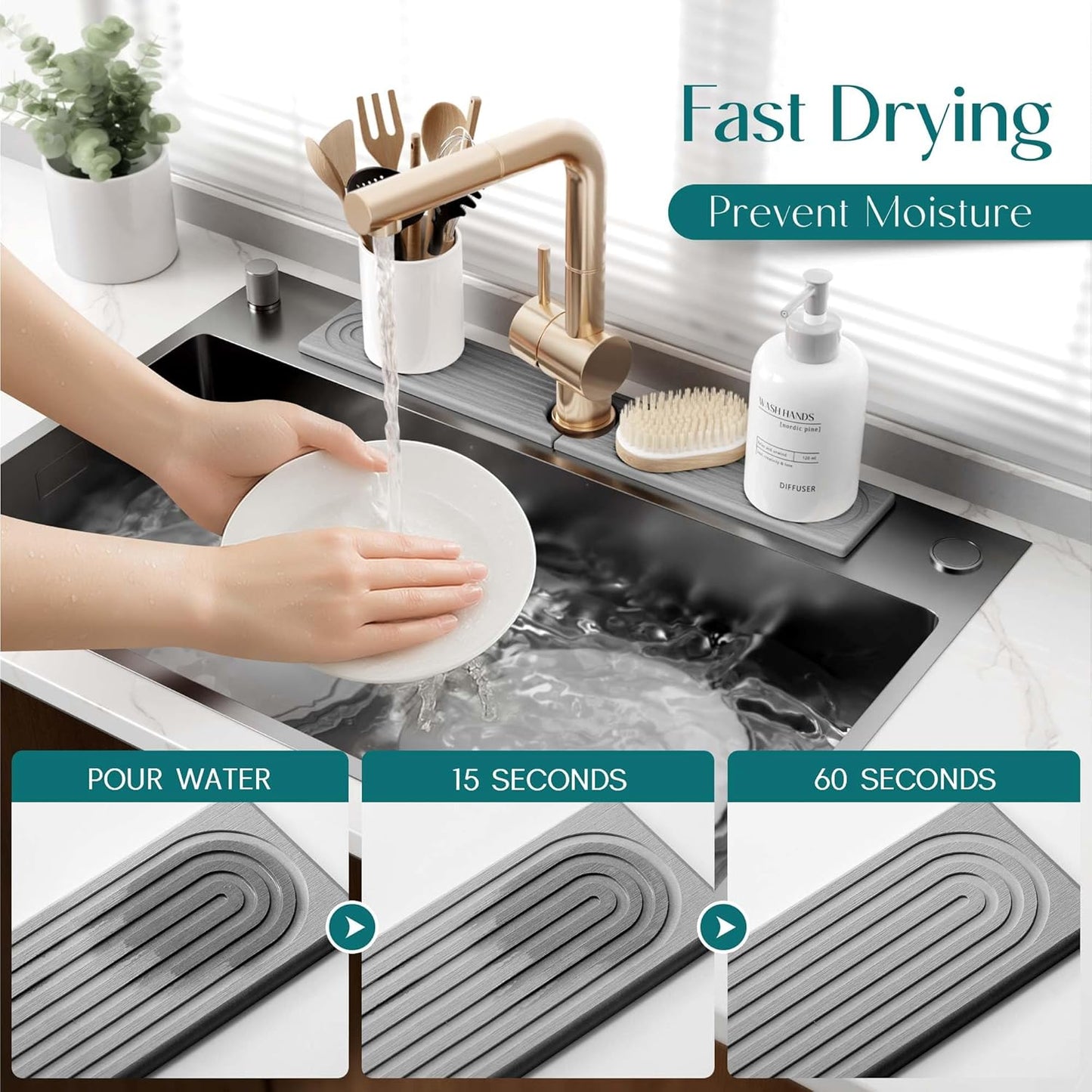 Faucet Mat for Kitchen Sink – Diatomite Stone Drying Mat & Sink Protectors, Prevent Moisture – Sink Splash Guard Water-Absorbing Stone Tray for Bathroom Counter (Light Grey, 23.6" x 3.9")