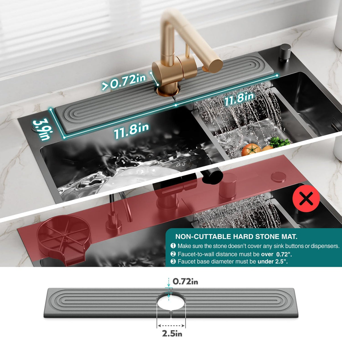 Faucet Mat for Kitchen Sink – Diatomite Stone Drying Mat & Sink Protectors, Prevent Moisture – Sink Splash Guard Water-Absorbing Stone Tray for Bathroom Counter (Light Grey, 23.6" x 3.9")