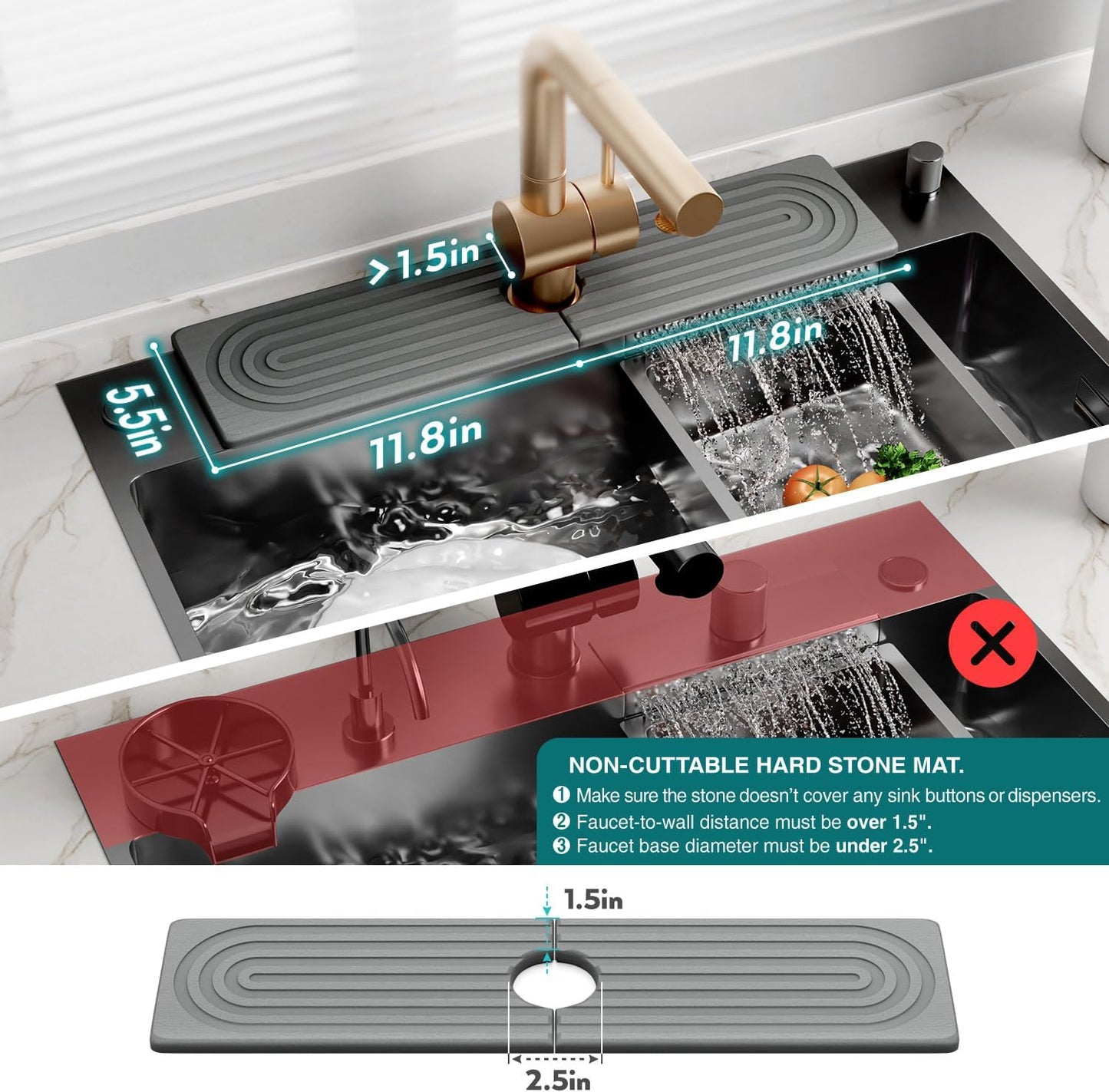Faucet Mat for Kitchen Sink – Diatomite Stone Drying Mat & Sink Protectors, Prevent Moisture – Sink Splash Guard Water-Absorbing Stone Tray for Bathroom Counter (Light Grey, 23.6" x 3.9")