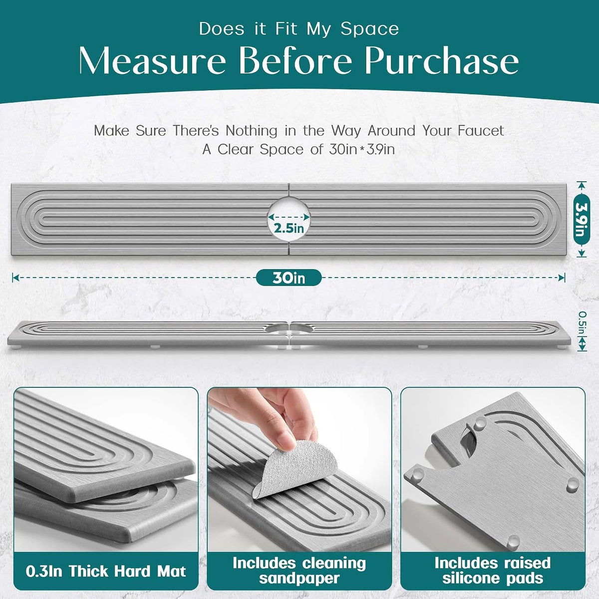 Faucet Mat for Kitchen Sink – Diatomite Stone Drying Mat & Sink Protectors, Prevent Moisture – Sink Splash Guard Water-Absorbing Stone Tray for Bathroom Counter (Light Grey, 23.6" x 3.9")