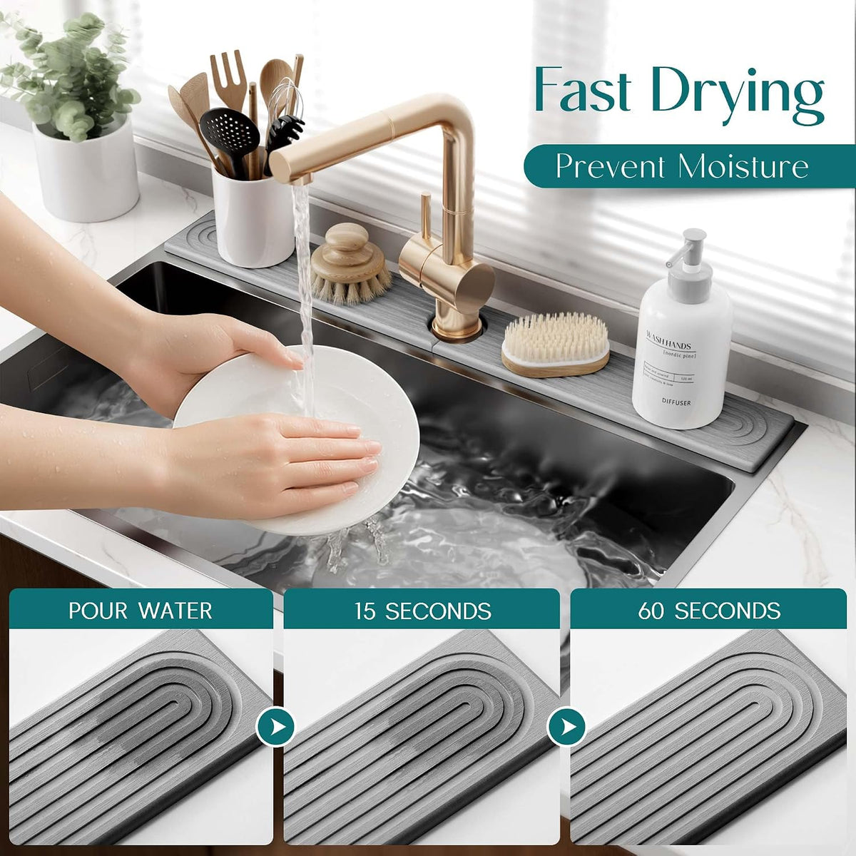 Faucet Mat for Kitchen Sink – Diatomite Stone Drying Mat & Sink Protectors, Prevent Moisture – Sink Splash Guard Water-Absorbing Stone Tray for Bathroom Counter (Light Grey, 23.6" x 3.9")