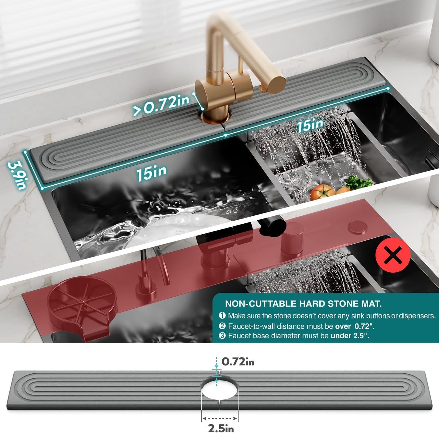 Faucet Mat for Kitchen Sink – Diatomite Stone Drying Mat & Sink Protectors, Prevent Moisture – Sink Splash Guard Water-Absorbing Stone Tray for Bathroom Counter (Light Grey, 23.6" x 3.9")