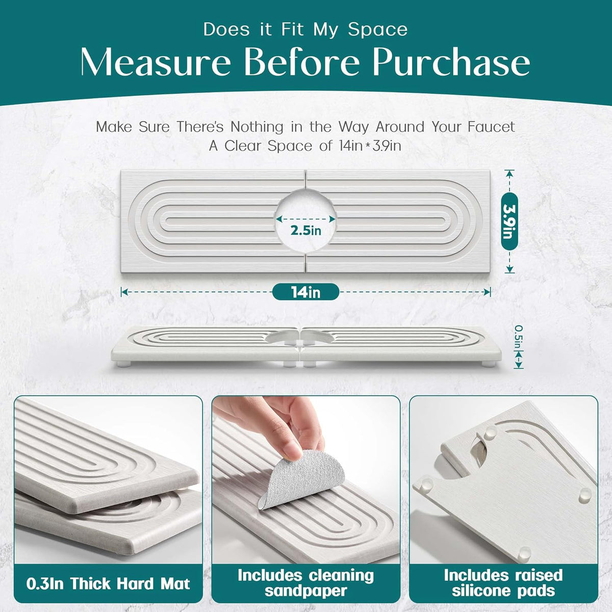 Faucet Mat for Kitchen Sink – Diatomite Stone Drying Mat & Sink Protectors, Prevent Moisture – Sink Splash Guard Water-Absorbing Stone Tray for Bathroom Counter (Light Grey, 23.6" x 3.9")