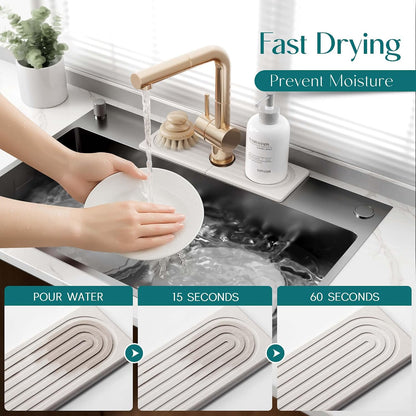 Faucet Mat for Kitchen Sink – Diatomite Stone Drying Mat & Sink Protectors, Prevent Moisture – Sink Splash Guard Water-Absorbing Stone Tray for Bathroom Counter (Light Grey, 23.6" x 3.9")