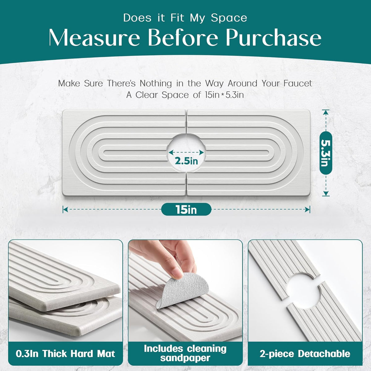 Faucet Mat for Kitchen Sink – Diatomite Stone Drying Mat & Sink Protectors, Prevent Moisture – Sink Splash Guard Water-Absorbing Stone Tray for Bathroom Counter (Light Grey, 23.6" x 3.9")