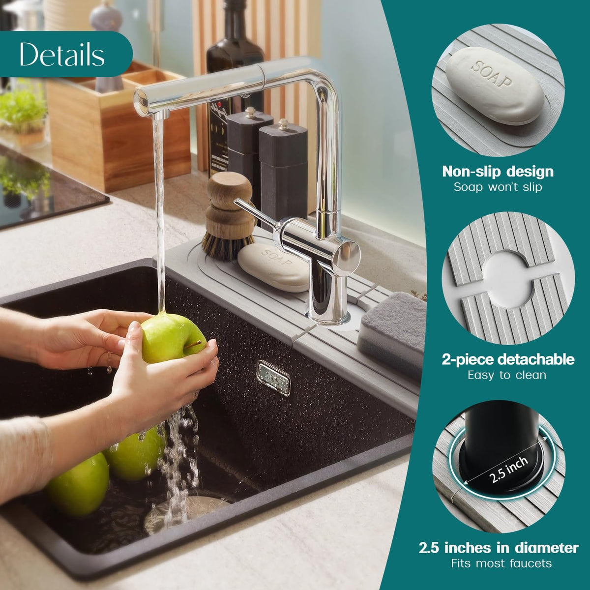 Faucet Mat for Kitchen Sink – Diatomite Stone Drying Mat & Sink Protectors, Prevent Moisture – Sink Splash Guard Water-Absorbing Stone Tray for Bathroom Counter (Light Grey, 23.6" x 3.9")