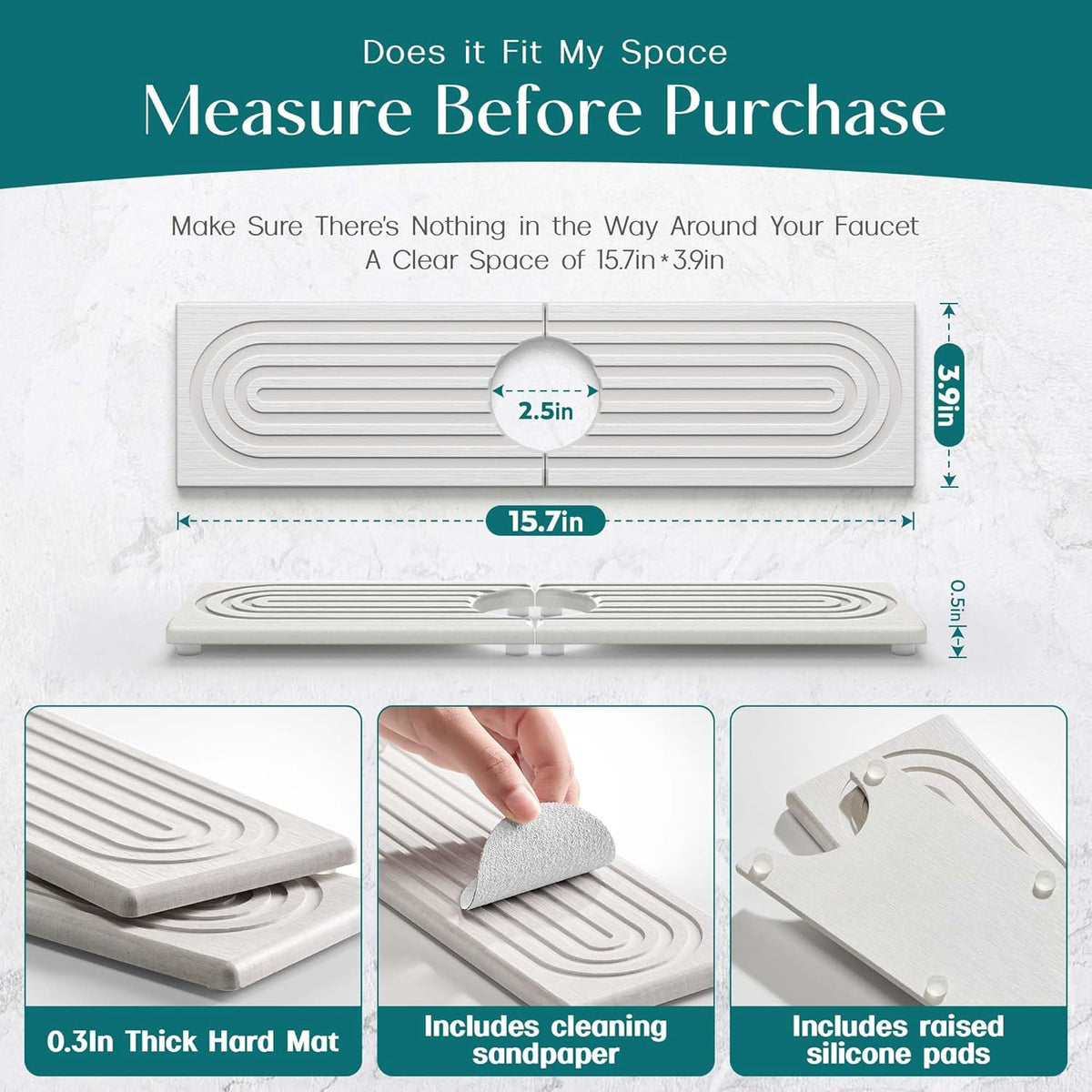 Faucet Mat for Kitchen Sink – Diatomite Stone Drying Mat & Sink Protectors, Prevent Moisture – Sink Splash Guard Water-Absorbing Stone Tray for Bathroom Counter (Light Grey, 23.6" x 3.9")