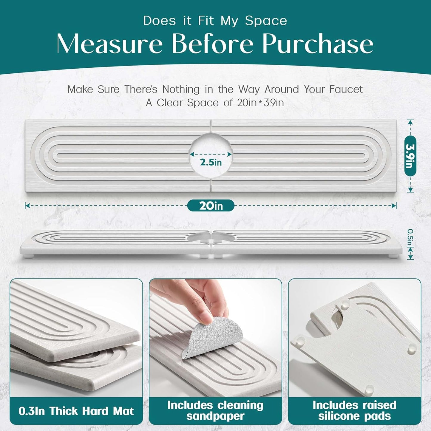 Faucet Mat for Kitchen Sink – Diatomite Stone Drying Mat & Sink Protectors, Prevent Moisture – Sink Splash Guard Water-Absorbing Stone Tray for Bathroom Counter (Light Grey, 23.6" x 3.9")