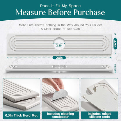 Faucet Mat for Kitchen Sink – Diatomite Stone Drying Mat & Sink Protectors, Prevent Moisture – Sink Splash Guard Water-Absorbing Stone Tray for Bathroom Counter (Light Grey, 23.6" x 3.9")