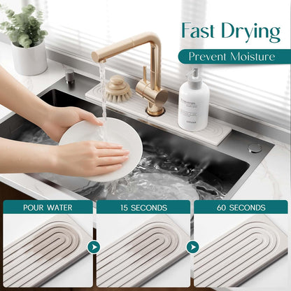 Faucet Mat for Kitchen Sink – Diatomite Stone Drying Mat & Sink Protectors, Prevent Moisture – Sink Splash Guard Water-Absorbing Stone Tray for Bathroom Counter (Light Grey, 23.6" x 3.9")