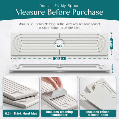 Faucet Mat for Kitchen Sink – Diatomite Stone Drying Mat & Sink Protectors, Prevent Moisture – Sink Splash Guard Water-Absorbing Stone Tray for Bathroom Counter (Light Grey, 23.6" x 3.9")