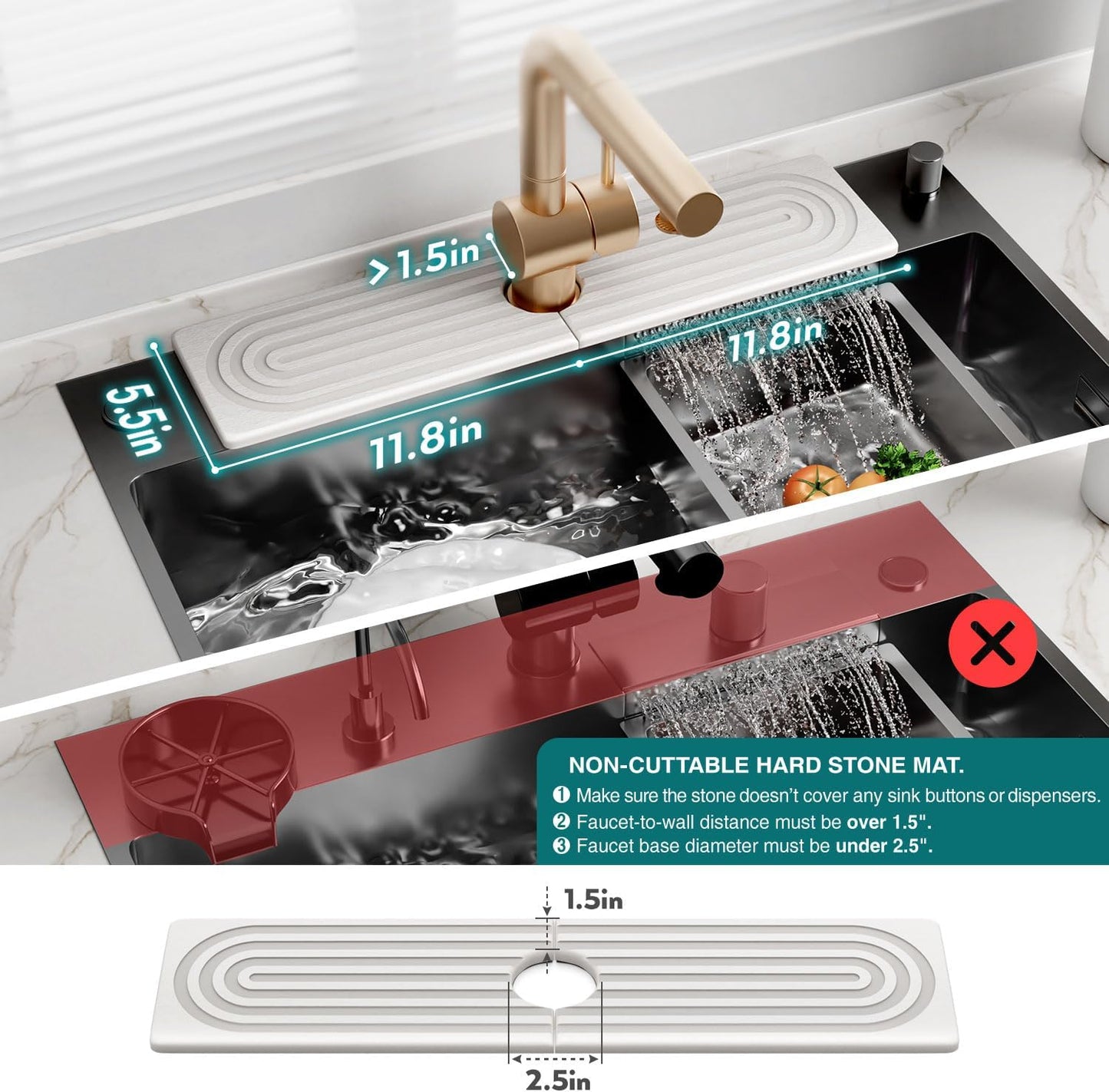Faucet Mat for Kitchen Sink – Diatomite Stone Drying Mat & Sink Protectors, Prevent Moisture – Sink Splash Guard Water-Absorbing Stone Tray for Bathroom Counter (Light Grey, 23.6" x 3.9")