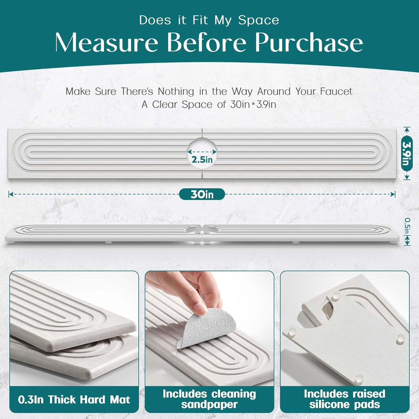 Faucet Mat for Kitchen Sink – Diatomite Stone Drying Mat & Sink Protectors, Prevent Moisture – Sink Splash Guard Water-Absorbing Stone Tray for Bathroom Counter (Light Grey, 23.6" x 3.9")