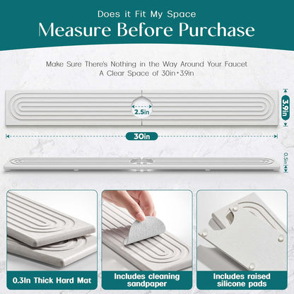 Faucet Mat for Kitchen Sink – Diatomite Stone Drying Mat & Sink Protectors, Prevent Moisture – Sink Splash Guard Water-Absorbing Stone Tray for Bathroom Counter (Light Grey, 23.6" x 3.9")