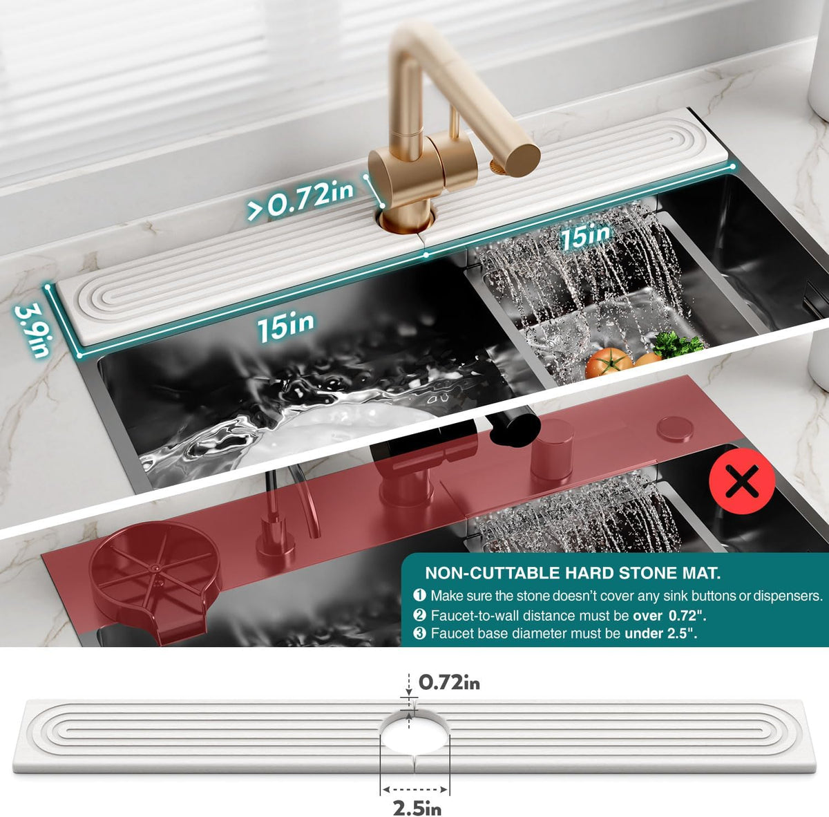 Faucet Mat for Kitchen Sink – Diatomite Stone Drying Mat & Sink Protectors, Prevent Moisture – Sink Splash Guard Water-Absorbing Stone Tray for Bathroom Counter (Light Grey, 23.6" x 3.9")