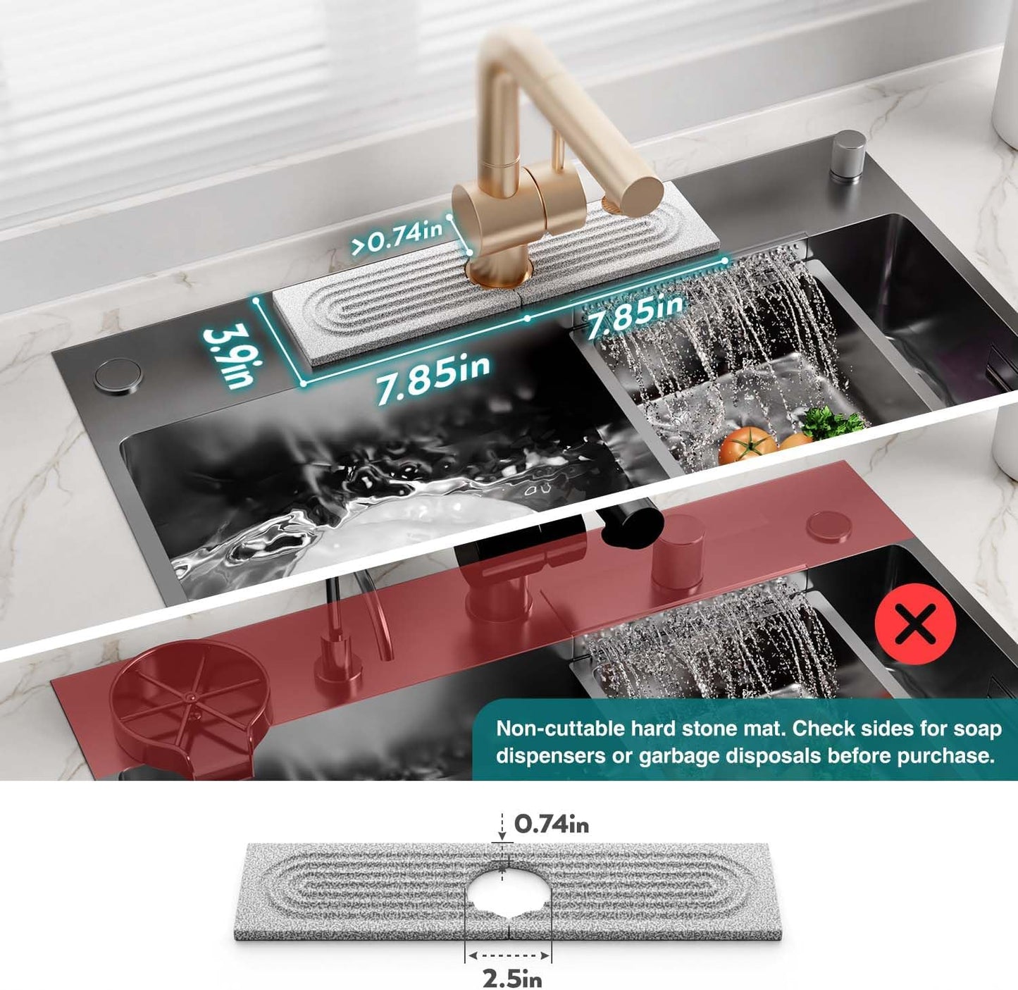 Faucet Mat for Kitchen Sink – Diatomite Stone Drying Mat & Sink Protectors, Prevent Moisture – Sink Splash Guard Water-Absorbing Stone Tray for Bathroom Counter (Light Grey, 23.6" x 3.9")