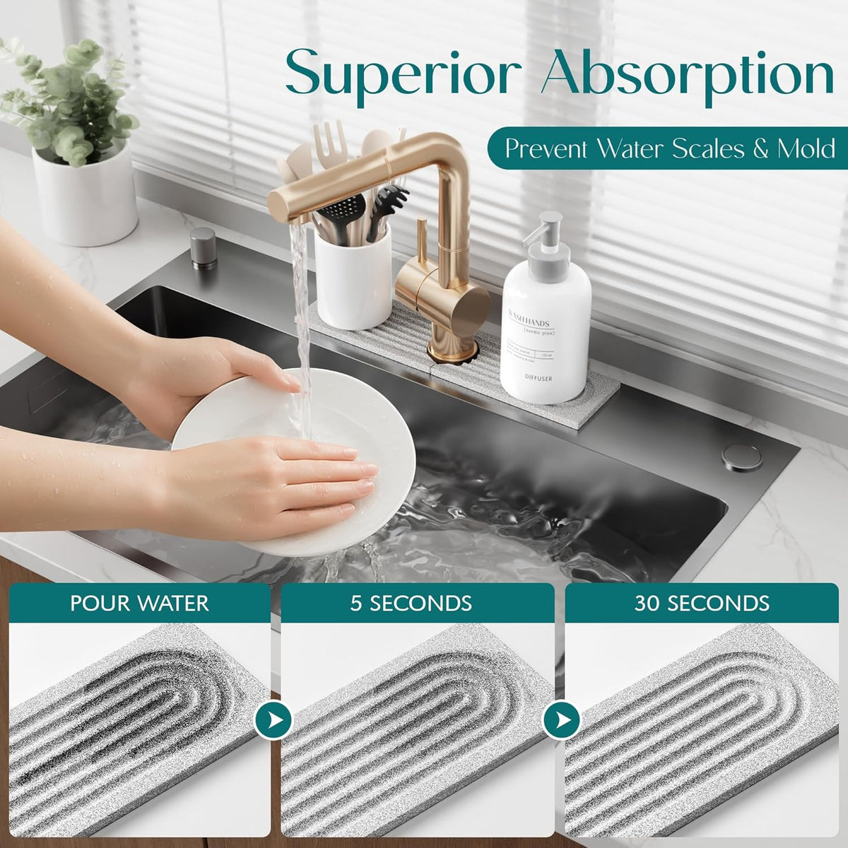 Faucet Mat for Kitchen Sink – Diatomite Stone Drying Mat & Sink Protectors, Prevent Moisture – Sink Splash Guard Water-Absorbing Stone Tray for Bathroom Counter (Light Grey, 23.6" x 3.9")