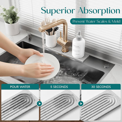 Faucet Mat for Kitchen Sink – Diatomite Stone Drying Mat & Sink Protectors, Prevent Moisture – Sink Splash Guard Water-Absorbing Stone Tray for Bathroom Counter (Light Grey, 23.6" x 3.9")