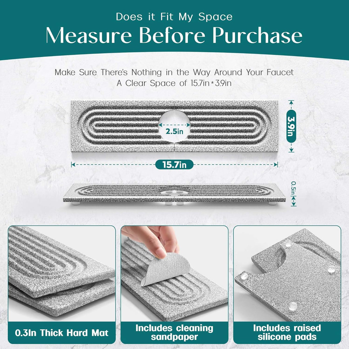 Faucet Mat for Kitchen Sink – Diatomite Stone Drying Mat & Sink Protectors, Prevent Moisture – Sink Splash Guard Water-Absorbing Stone Tray for Bathroom Counter (Light Grey, 23.6" x 3.9")