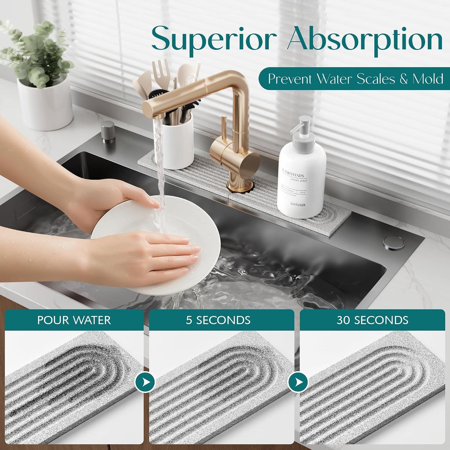 Faucet Mat for Kitchen Sink – Diatomite Stone Drying Mat & Sink Protectors, Prevent Moisture – Sink Splash Guard Water-Absorbing Stone Tray for Bathroom Counter (Light Grey, 23.6" x 3.9")