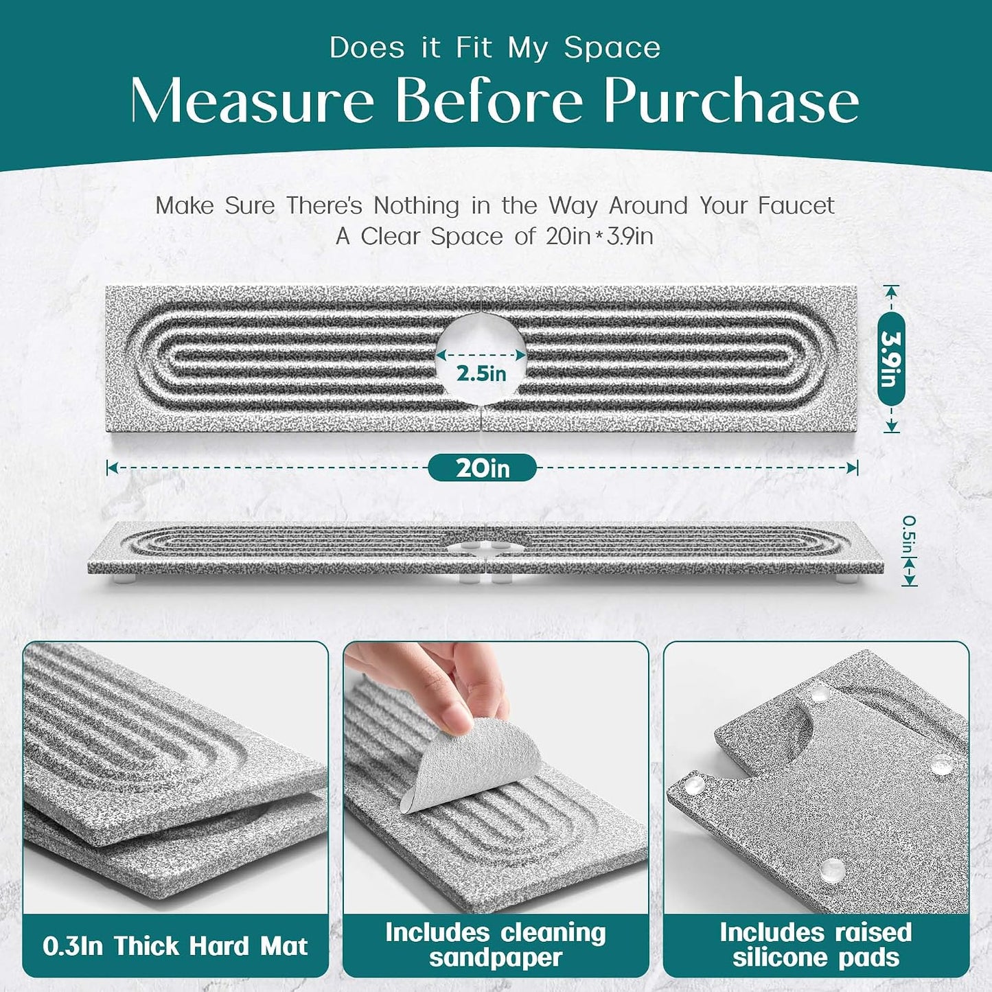 Faucet Mat for Kitchen Sink – Diatomite Stone Drying Mat & Sink Protectors, Prevent Moisture – Sink Splash Guard Water-Absorbing Stone Tray for Bathroom Counter (Light Grey, 23.6" x 3.9")