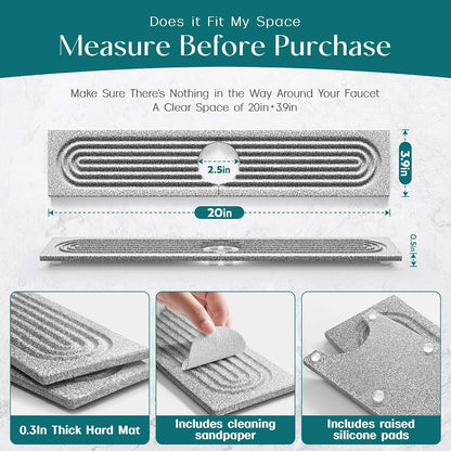 Faucet Mat for Kitchen Sink – Diatomite Stone Drying Mat & Sink Protectors, Prevent Moisture – Sink Splash Guard Water-Absorbing Stone Tray for Bathroom Counter (Light Grey, 23.6" x 3.9")