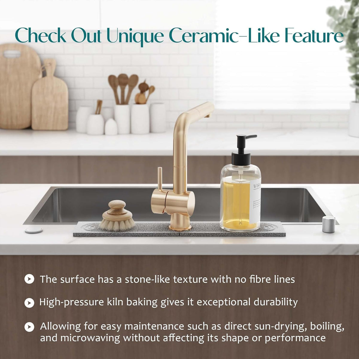 Faucet Mat for Kitchen Sink – Diatomite Stone Drying Mat & Sink Protectors, Prevent Moisture – Sink Splash Guard Water-Absorbing Stone Tray for Bathroom Counter (Light Grey, 23.6" x 3.9")