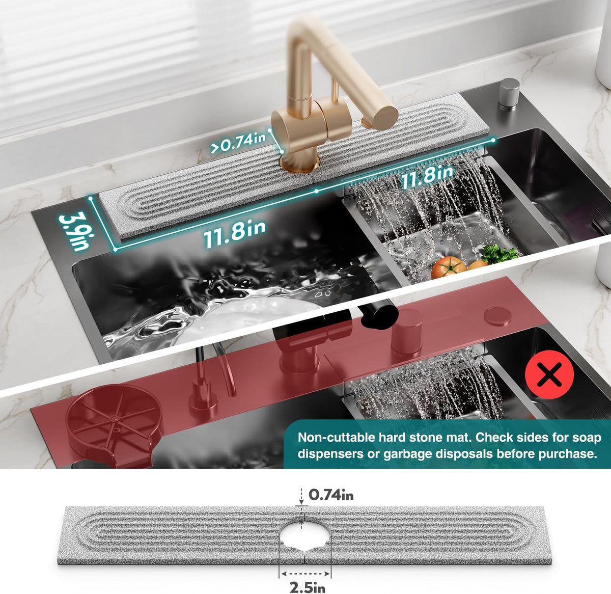 Faucet Mat for Kitchen Sink – Diatomite Stone Drying Mat & Sink Protectors, Prevent Moisture – Sink Splash Guard Water-Absorbing Stone Tray for Bathroom Counter (Light Grey, 23.6" x 3.9")