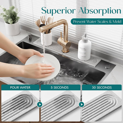 Faucet Mat for Kitchen Sink – Diatomite Stone Drying Mat & Sink Protectors, Prevent Moisture – Sink Splash Guard Water-Absorbing Stone Tray for Bathroom Counter (Light Grey, 23.6" x 3.9")