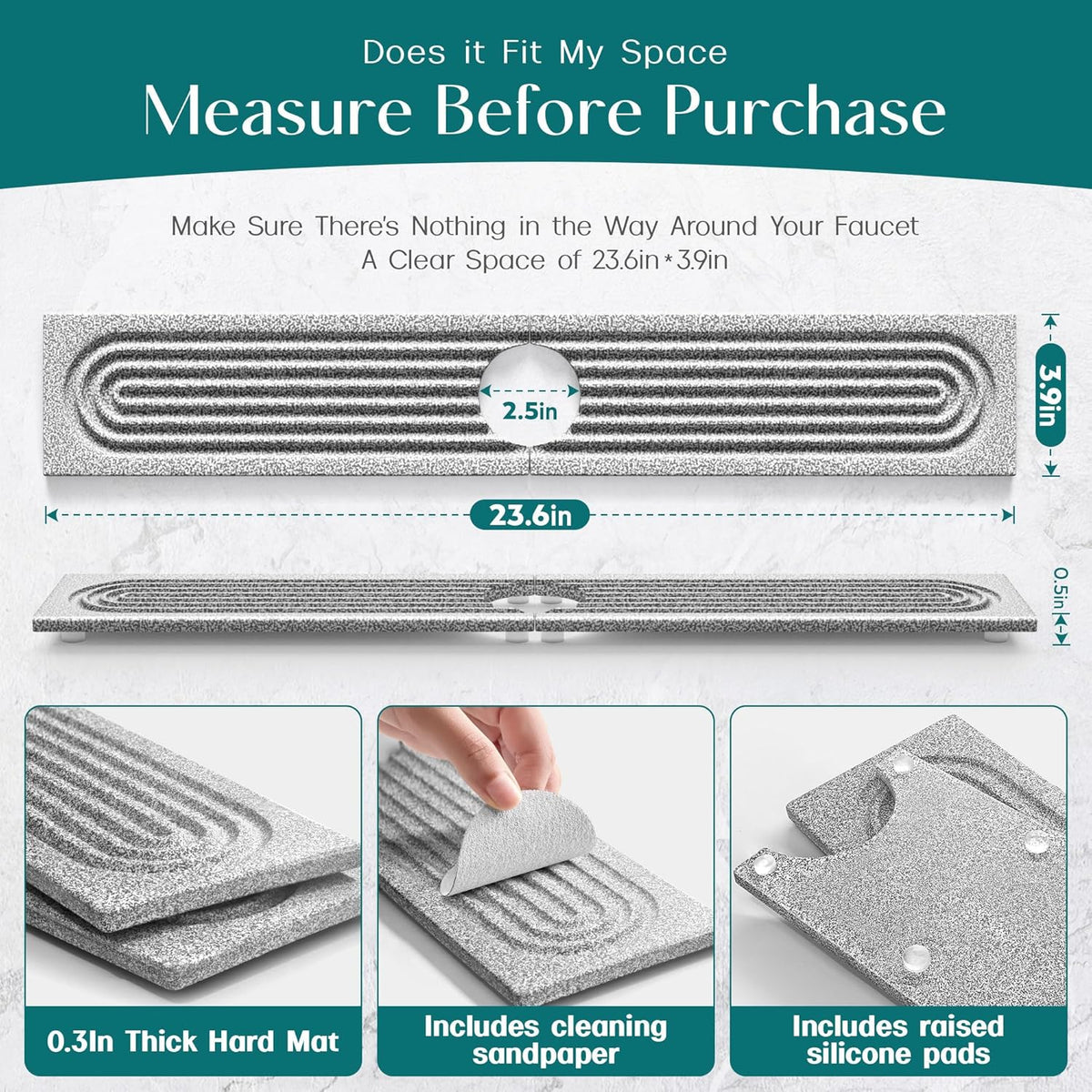Faucet Mat for Kitchen Sink – Diatomite Stone Drying Mat & Sink Protectors, Prevent Moisture – Sink Splash Guard Water-Absorbing Stone Tray for Bathroom Counter (Light Grey, 23.6" x 3.9")