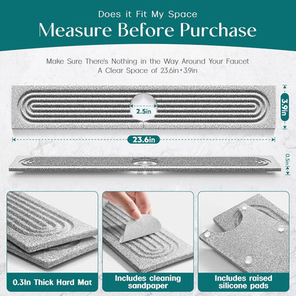Faucet Mat for Kitchen Sink – Diatomite Stone Drying Mat & Sink Protectors, Prevent Moisture – Sink Splash Guard Water-Absorbing Stone Tray for Bathroom Counter (Light Grey, 23.6" x 3.9")