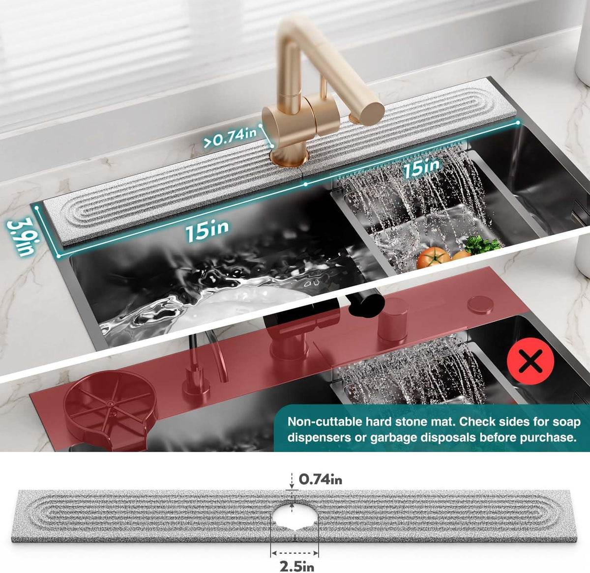Faucet Mat for Kitchen Sink – Diatomite Stone Drying Mat & Sink Protectors, Prevent Moisture – Sink Splash Guard Water-Absorbing Stone Tray for Bathroom Counter (Light Grey, 23.6" x 3.9")