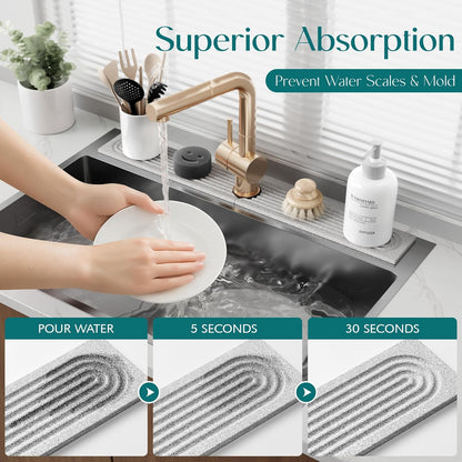 Faucet Mat for Kitchen Sink – Diatomite Stone Drying Mat & Sink Protectors, Prevent Moisture – Sink Splash Guard Water-Absorbing Stone Tray for Bathroom Counter (Light Grey, 23.6" x 3.9")