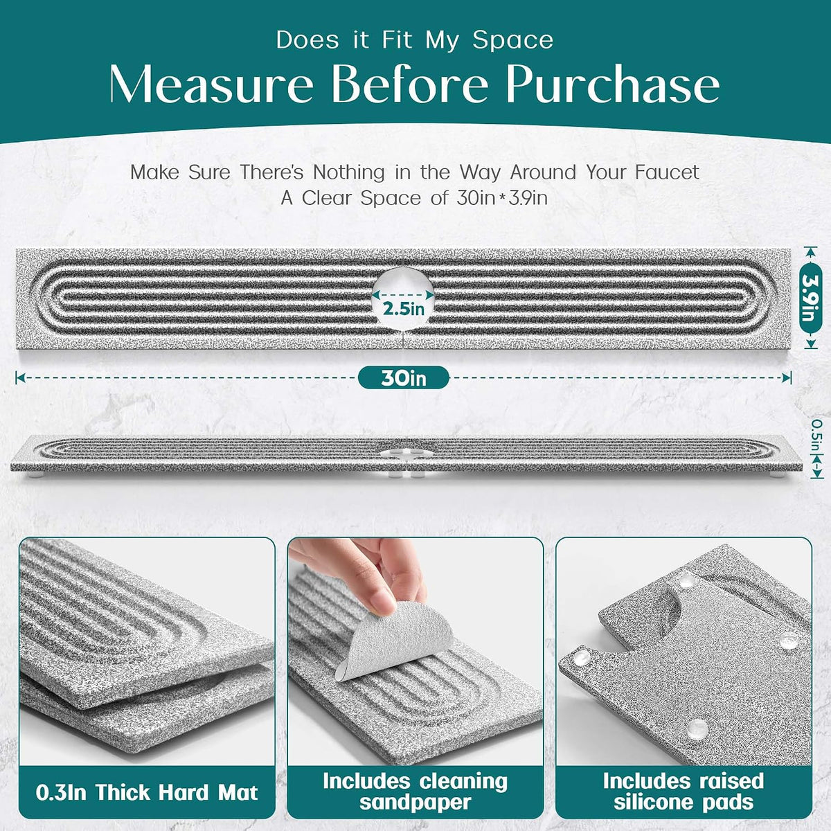 Faucet Mat for Kitchen Sink – Diatomite Stone Drying Mat & Sink Protectors, Prevent Moisture – Sink Splash Guard Water-Absorbing Stone Tray for Bathroom Counter (Light Grey, 23.6" x 3.9")