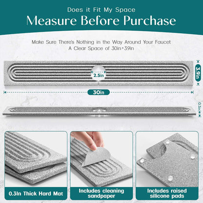 Faucet Mat for Kitchen Sink – Diatomite Stone Drying Mat & Sink Protectors, Prevent Moisture – Sink Splash Guard Water-Absorbing Stone Tray for Bathroom Counter (Light Grey, 23.6" x 3.9")