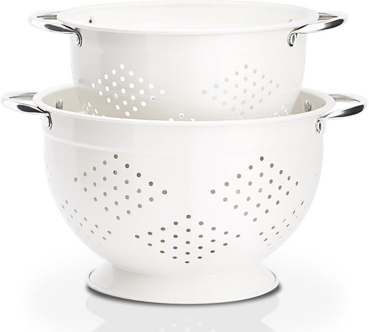 Powder Coated Steel Colanders: 3 Quart and 5 Quart Set of 2 - White | Dishwasher Safe | Pasta Strainer | Vegetable Strainer | Ergonomic Side Handles | Space-Saving Nesting Design
