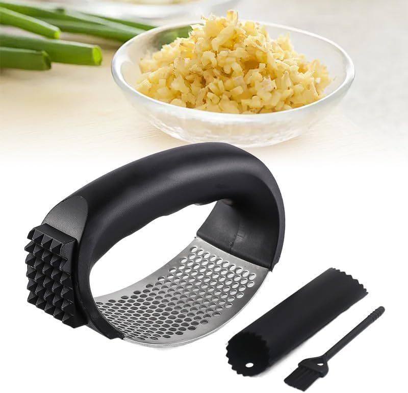 Stainless Steel Garlic Press, Garlic Mincer Crusher Masher with Peeler and Cleaning Brush, Garlic Chopper Garlic Press Rocker Set with Peeler, Garlic Chopper for Smash Garlic Kitchen Tools (Black)