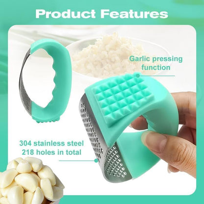 Stainless Steel Garlic Press, Garlic Mincer Crusher Masher with Peeler and Cleaning Brush, Garlic Chopper Garlic Press Rocker Set with Peeler, Garlic Chopper for Smash Garlic Kitchen Tools (Black)