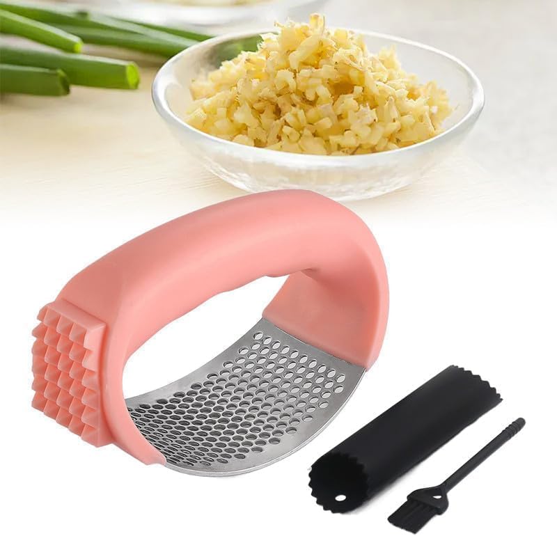 Stainless Steel Garlic Press, Garlic Mincer Crusher Masher with Peeler and Cleaning Brush, Garlic Chopper Garlic Press Rocker Set with Peeler, Garlic Chopper for Smash Garlic Kitchen Tools (Black)