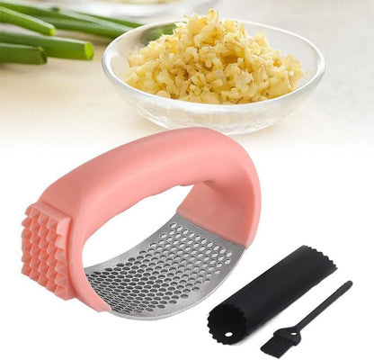 Stainless Steel Garlic Press, Garlic Mincer Crusher Masher with Peeler and Cleaning Brush, Garlic Chopper Garlic Press Rocker Set with Peeler, Garlic Chopper for Smash Garlic Kitchen Tools (Black)